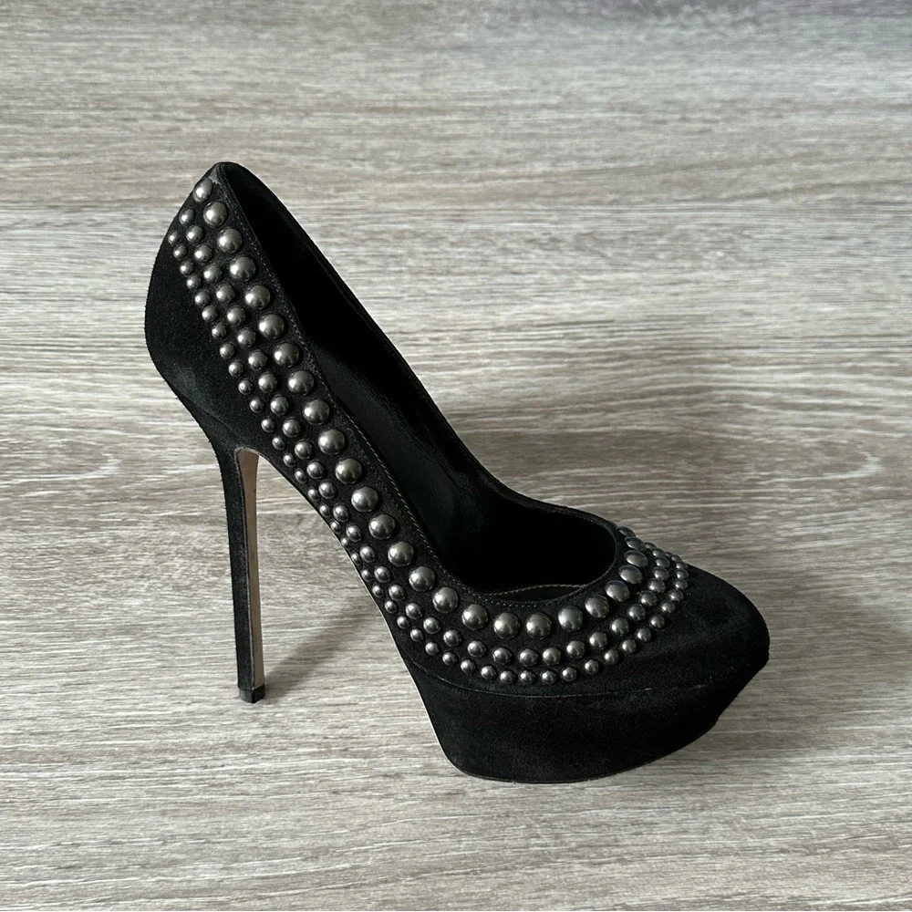 Sergio Rossi Black Suede Silver Studded Platform Pumps